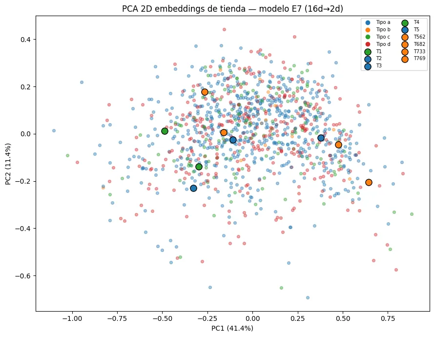 The store embeddings the network learned, in 2D